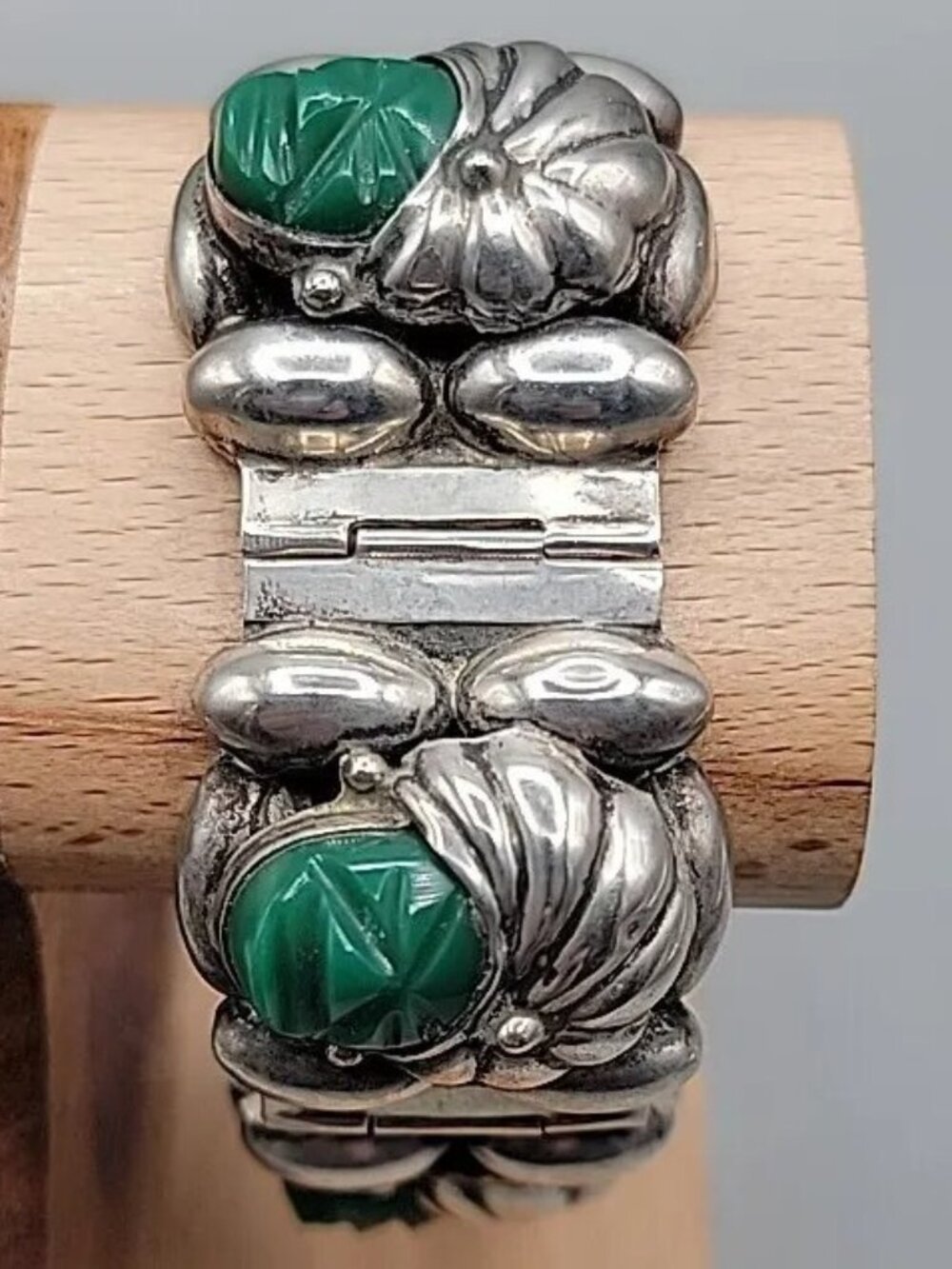 VTG Rancho Alegre Taxco 925 Green Onyx 5-Face Portrait Panel Bracelet 60.67g 7" - Picture 7 of 16